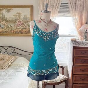 Blue sequin cami top  Y2K star city turquoise sequin cami top size large
